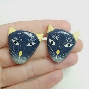 Vintage Hand Painted Blue Yellow Cat Face Stud Earrings, Wooden, Retro Folk Art